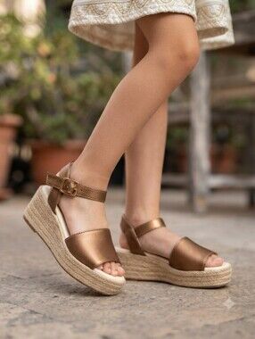 Two Pretty Girls Handcrafted Bronze Leather Espadrille Wedge Sandals - NWT